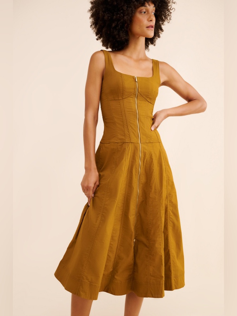 Anthropologie Mustard Zip-Front Midi Dress
